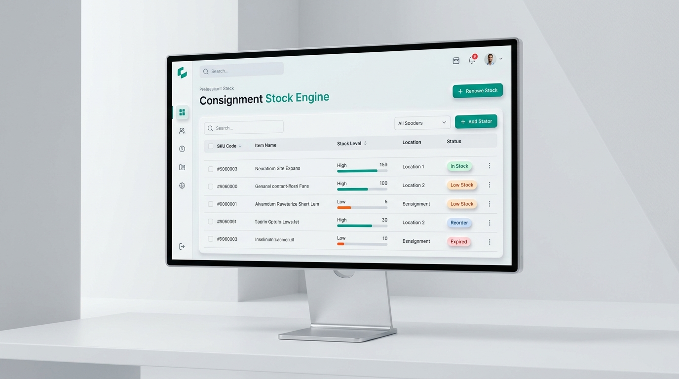 Stocure consignment stock dashboard on a desktop monitor